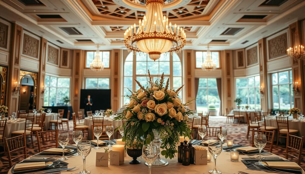A lavish wedding reception at the grand Sutera Hall, Tangerang. In the foreground, a magnificent floral centerpiece adorns the elegantly laid table, surrounded by fine china and glimmering crystal glassware. The middle ground showcases the spacious, well-lit ballroom with its intricate chandeliers and ornate architectural details. In the background, a large window offers a glimpse of the lush, manicured gardens outside, creating a serene and picturesque setting. The overall mood is one of opulence, sophistication, and the perfect backdrop for a memorable wedding celebration.