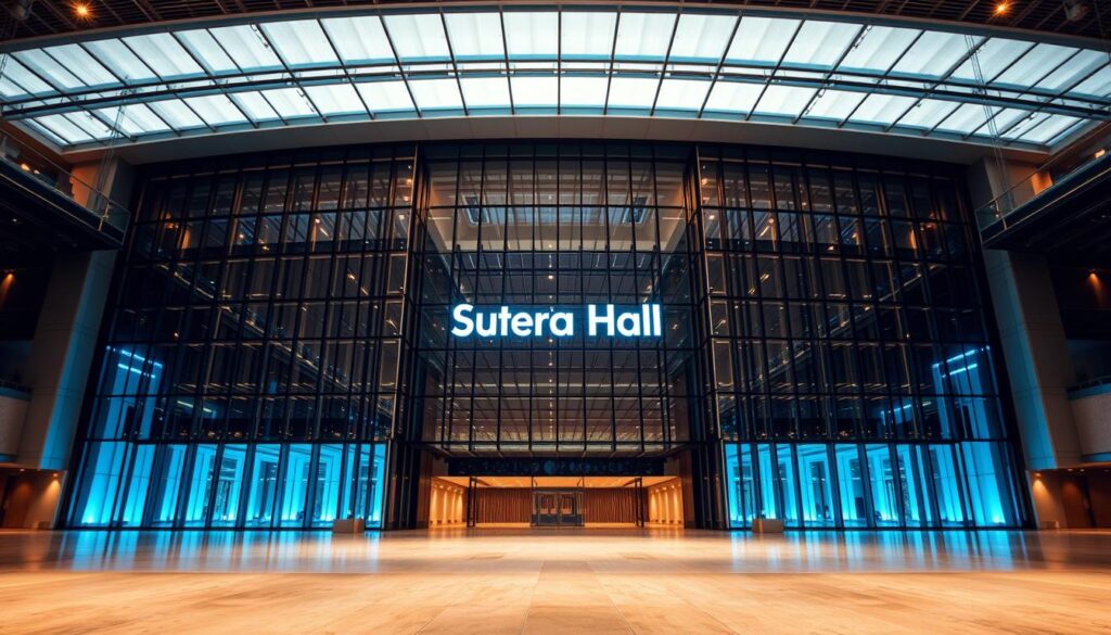 A modern, sleek convention center situated in Tangerang, with a grand and inviting facade. The building's glass and steel construction creates a harmonious interplay of light and shadow, exuding a sense of sophistication and technological prowess. The spacious lobby features high ceilings, minimalist decor, and strategic lighting that casts a warm, welcoming ambiance. In the background, the Sutera Hall brand name is prominently displayed, signifying the venue's commitment to excellence. The overall scene conveys a professional, state-of-the-art convention center capable of hosting a wide range of events and conferences. A modern, sleek convention center situated in Tangerang, with a grand and inviting facade. The building's glass and steel construction creates a harmonious interplay of light and shadow, exuding a sense of sophistication and technological prowess. The spacious lobby features high ceilings, minimalist decor, and strategic lighting that casts a warm, welcoming ambiance. In the background, the Sutera Hall brand name is prominently displayed, signifying the venue's commitment to excellence. The overall scene conveys a professional, state-of-the-art convention center capable of hosting a wide range of events and conferences.