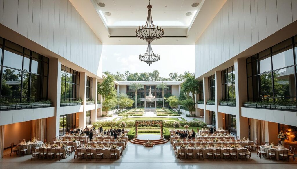 A serene and elegant wedding venue, the Sutera Hall in Tangerang showcases a harmonious blend of modern architecture and nature. A grand, minimalist facade sets the stage, leading to a sprawling, sun-dappled courtyard surrounded by lush greenery. Inside, high ceilings, ornate chandeliers, and warm, neutral tones create an inviting, sophisticated ambiance. Expansive windows flood the space with natural light, casting a soft, romantic glow. Couples can envision their dream celebration unfolding against this picturesque backdrop, with ample space for intimate gatherings or grand receptions. The Sutera Hall's timeless elegance and attention to detail make it an ideal choice for a memorable Tangerang wedding.