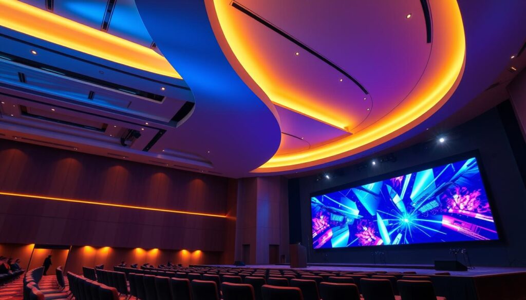 A sleek, modern convention hall with cutting-edge technology and state-of-the-art facilities. The Sutera Hall's interior is bathed in a warm, ambient glow, with strategically placed spotlights illuminating the various high-tech features. In the foreground, a large, high-definition display screen dominates the scene, showcasing vibrant, dynamic visuals. The middle ground features a stylish, ergonomic podium equipped with the latest audio-visual equipment, while the background reveals a panoramic view of the hall's spacious, well-appointed layout. The overall atmosphere exudes a sense of sophistication, efficiency, and technological prowess, perfectly capturing the "Fasilitas Lengkap dan Teknologi Canggih" section of the article. A sleek, modern convention hall with cutting-edge technology and state-of-the-art facilities. The Sutera Hall's interior is bathed in a warm, ambient glow, with strategically placed spotlights illuminating the various high-tech features. In the foreground, a large, high-definition display screen dominates the scene, showcasing vibrant, dynamic visuals. The middle ground features a stylish, ergonomic podium equipped with the latest audio-visual equipment, while the background reveals a panoramic view of the hall's spacious, well-appointed layout. The overall atmosphere exudes a sense of sophistication, efficiency, and technological prowess, perfectly capturing the "Fasilitas Lengkap dan Teknologi Canggih" section of the article.