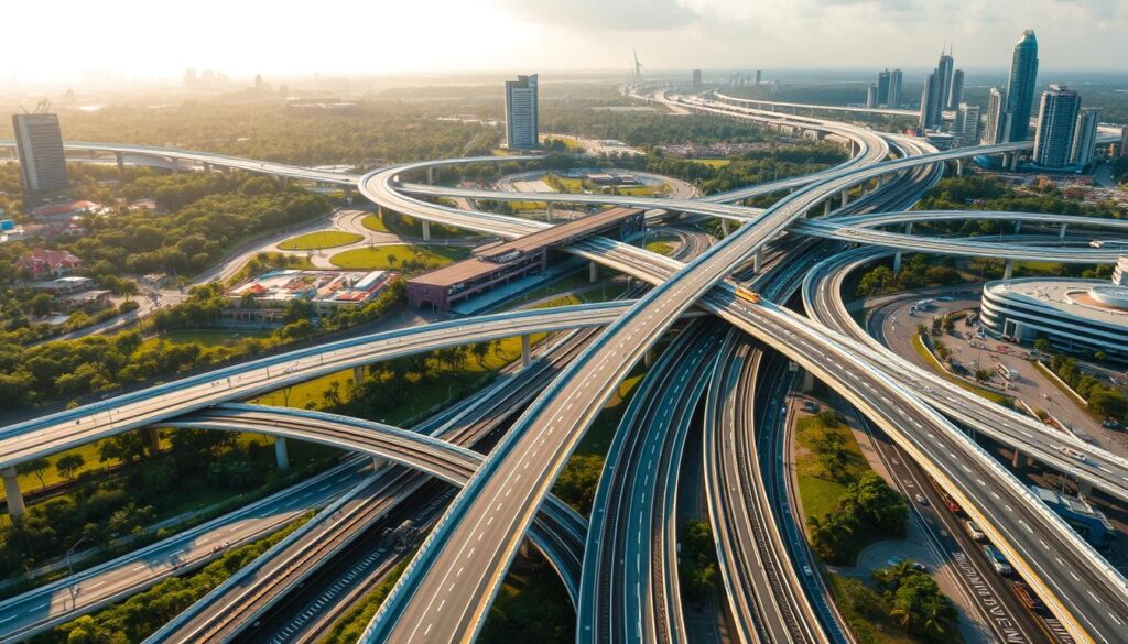 A sprawling, modern transportation hub nestled within the lush, verdant landscape of Alam Sutera. Massive, gleaming highways and efficient rail lines converge, seamlessly connecting Sutera Hall to the greater metropolitan area. Towering bridges and elevated walkways crisscross the scene, facilitating the effortless flow of pedestrians and vehicles. Vibrant signage and sleek, contemporary architecture create a sophisticated, high-tech atmosphere. Diffused, golden sunlight bathes the entire composition, imbuing it with a sense of warmth and dynamism. The strategic, accessible location of Sutera Hall is highlighted by the intricate, interconnected transportation systems that surround it. A sprawling, modern transportation hub nestled within the lush, verdant landscape of Alam Sutera. Massive, gleaming highways and efficient rail lines converge, seamlessly connecting Sutera Hall to the greater metropolitan area. Towering bridges and elevated walkways crisscross the scene, facilitating the effortless flow of pedestrians and vehicles. Vibrant signage and sleek, contemporary architecture create a sophisticated, high-tech atmosphere. Diffused, golden sunlight bathes the entire composition, imbuing it with a sense of warmth and dynamism. The strategic, accessible location of Sutera Hall is highlighted by the intricate, interconnected transportation systems that surround it.