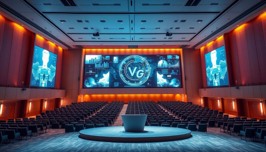 A state-of-the-art Sutera Hall event space, bathed in warm, ambient lighting and filled with an elegant arrangement of modern technological displays. In the foreground, a sleek, curved podium takes center stage, surrounded by rows of comfortable seating. The middle ground features holographic projections and interactive screens, showcasing the latest in integrated event technology. In the background, the hall's sophisticated, minimalist architecture frames the scene, creating a harmonious and immersive atmosphere. The overall impression is one of seamless, cutting-edge functionality, perfectly suited for a high-tech, integrated event.