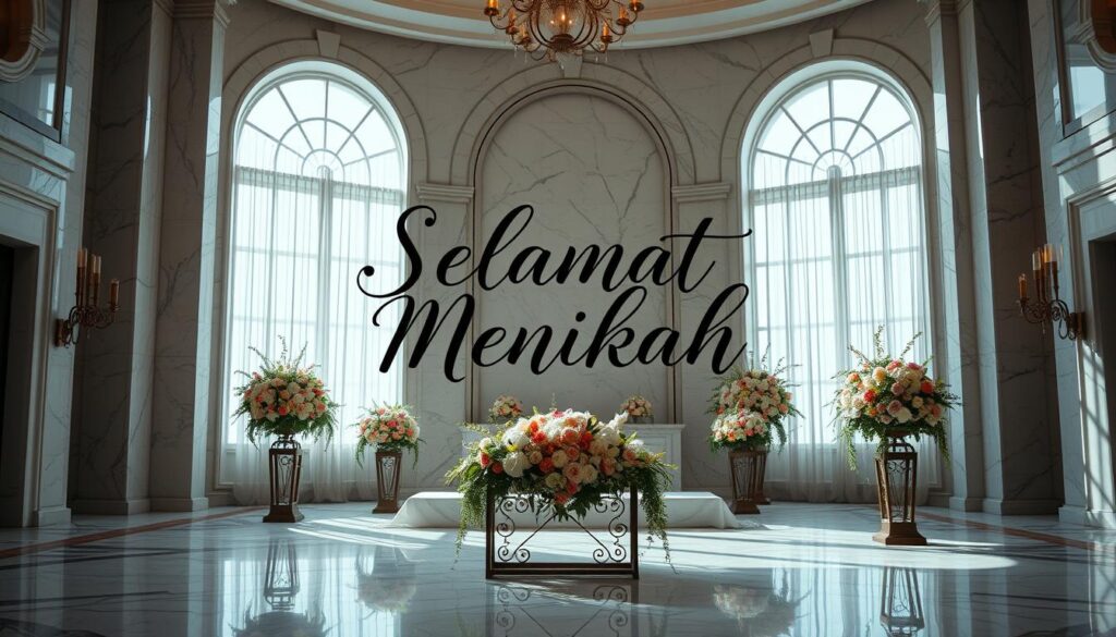 A beautifully calligraphed message of "Selamat Menikah" on a serene backdrop of Sutera Hall's elegant marble halls. Soft natural lighting filters through the grand arched windows, casting a warm glow on the ornate floral arrangements adorning the scene. The sumptuous yet understated color palette evokes a sense of timeless sophistication and heartfelt celebration. The composition captures the essence of a momentous occasion, inviting the viewer to imagine the meaningful words and well-wishes being conveyed to the newlyweds.