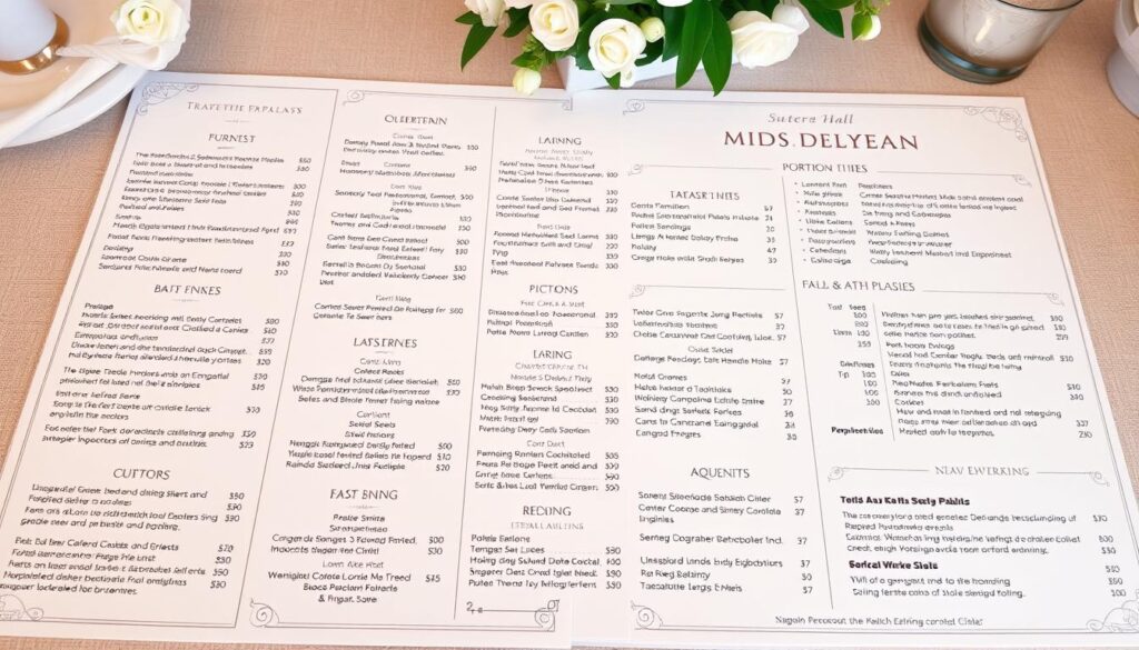 A beautifully crafted menu layout for a wedding catering service at the Sutera Hall in Tangerang. The menu features an array of delectable dishes, meticulously organized into sections with clear portion sizes and estimated quantities. The design exudes a sophisticated, elegant atmosphere, with a neutral color palette and clean typography that complements the upscale ambiance of the Sutera Hall venue. The menu showcases the catering service's attention to detail and commitment to providing a well-balanced, budget-conscious culinary experience for the wedding celebration. A beautifully crafted menu layout for a wedding catering service at the Sutera Hall in Tangerang. The menu features an array of delectable dishes, meticulously organized into sections with clear portion sizes and estimated quantities. The design exudes a sophisticated, elegant atmosphere, with a neutral color palette and clean typography that complements the upscale ambiance of the Sutera Hall venue. The menu showcases the catering service's attention to detail and commitment to providing a well-balanced, budget-conscious culinary experience for the wedding celebration.