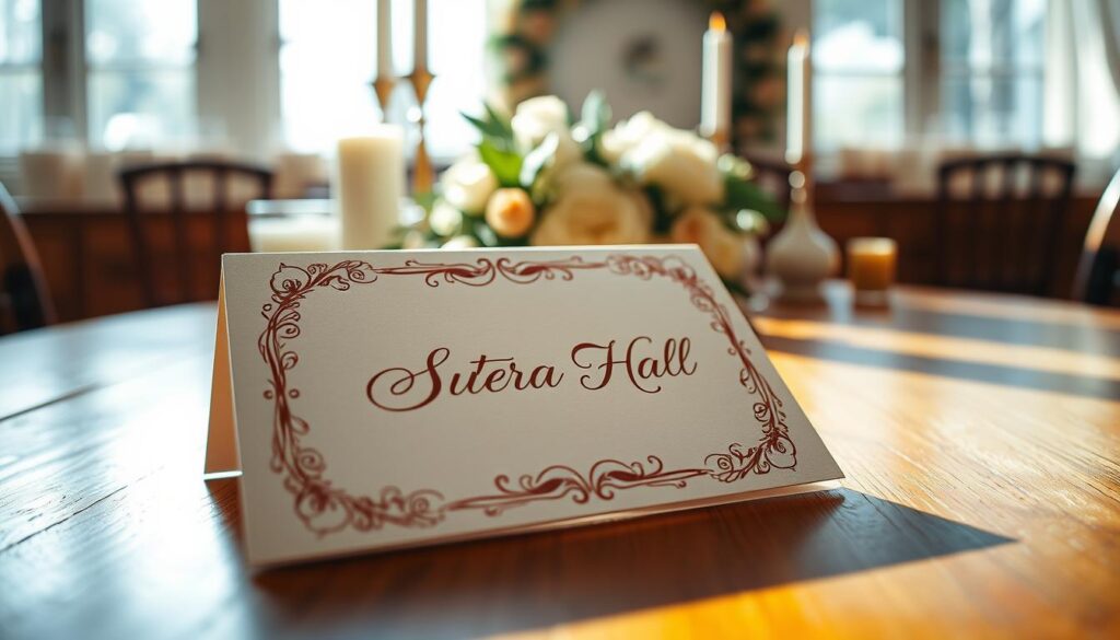 A beautifully designed invitation card with elegant calligraphy and an ornate floral border lies on a wooden table, bathed in warm, natural lighting. The card features the words "Sutera Hall" prominently displayed, conveying a sense of grandeur and sophistication. In the background, a carefully curated selection of wedding-themed decor, such as candles, flowers, and subtle geometric patterns, creates a serene and inviting atmosphere, setting the stage for the upcoming celebration.