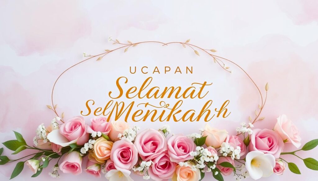 A beautifully designed wedding invitation card featuring a lush, floral arrangement in soft, pastel hues. The foreground showcases an elegant calligraphic script reading "Ucapan Selamat Menikah" in a warm, golden tone. The middle ground presents a delicate garland of flowers, including roses, lilies, and baby's breath, framing the central text. The background depicts a subtle, watercolor-like gradient in shades of pink, lavender, and peach, creating a romantic, ethereal atmosphere. The overall composition exudes a sense of timeless elegance and Islami-inspired aesthetics. Captured with a shallow depth of field, using a high-quality DSLR camera lens.