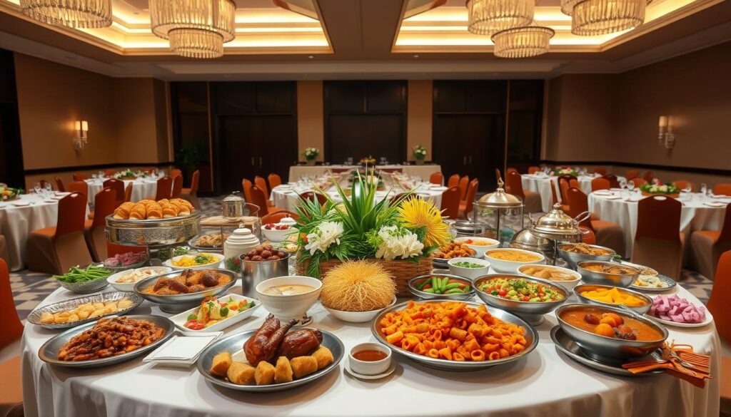 A bountiful spread of traditional Indonesian buffet dishes, known as "menu prasmanan," is artfully arranged on white tablecloths in the elegant Sutera Hall. The centerpiece features a mouthwatering selection of main courses, such as succulent rendang, fragrant nasi goreng, and vibrant vegetable curries. Surrounding the main dishes are an array of delectable accompaniments, including crisp empal, savory perkedel, and tangy abon. The presentation is enhanced by the warm, diffused lighting, casting a inviting glow over the entire scene. In the background, the refined ambiance of Sutera Hall's interior design provides a sophisticated backdrop, setting the stage for an unforgettable catering experience. A bountiful spread of traditional Indonesian buffet dishes, known as "menu prasmanan," is artfully arranged on white tablecloths in the elegant Sutera Hall. The centerpiece features a mouthwatering selection of main courses, such as succulent rendang, fragrant nasi goreng, and vibrant vegetable curries. Surrounding the main dishes are an array of delectable accompaniments, including crisp empal, savory perkedel, and tangy abon. The presentation is enhanced by the warm, diffused lighting, casting a inviting glow over the entire scene. In the background, the refined ambiance of Sutera Hall's interior design provides a sophisticated backdrop, setting the stage for an unforgettable catering experience.