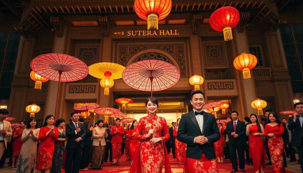A grand Chinese wedding procession unfolds before the Sutera Hall, a majestic backdrop for this solemn and joyous occasion. In the foreground, the bride, adorned in a magnificent red qipao, is led by an entourage carrying ornate umbrellas and lanterns, their vibrant colors and intricate patterns creating a mesmerizing visual symphony. The groom, in a sleek black suit, walks alongside, his face beaming with pride. In the middle ground, guests adorned in traditional attire gather, their expressions reflecting the celebratory atmosphere. The background features the Sutera Hall's elegant architecture, its intricate details and grand proportions evoking a sense of timelessness. Soft, warm lighting bathes the scene, creating a serene, auspicious ambiance that captures the essence of this cherished Chinese wedding tradition.