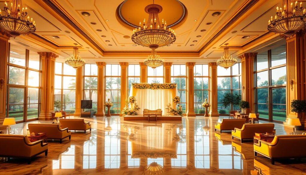 A grand ballroom interior, the Sutera Hall, bathed in warm golden light. Elegant chandeliers cast a soft glow over the polished marble floors and ornate columns lining the walls. The space is vast, with high ceilings and large windows offering panoramic views of a lush garden outside. Luxurious furniture, including plush sofas and armchairs, invite guests to relax and admire the venue's refined aesthetic. In the center, a stage is set, ready to host an extravagant wedding celebration with a trusted catering service. The overall atmosphere exudes sophistication, making Sutera Hall an ideal choice for a memorable and lavish event. A grand ballroom interior, the Sutera Hall, bathed in warm golden light. Elegant chandeliers cast a soft glow over the polished marble floors and ornate columns lining the walls. The space is vast, with high ceilings and large windows offering panoramic views of a lush garden outside. Luxurious furniture, including plush sofas and armchairs, invite guests to relax and admire the venue's refined aesthetic. In the center, a stage is set, ready to host an extravagant wedding celebration with a trusted catering service. The overall atmosphere exudes sophistication, making Sutera Hall an ideal choice for a memorable and lavish event.