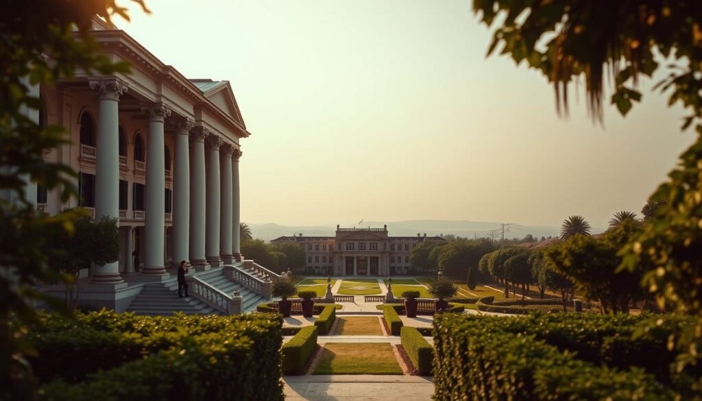 A grand, elegant exterior of the Sutera Hall, a renowned wedding venue, captured in a warm, golden hour lighting. The building's stately columns and intricate architectural details are in focus, conveying a sense of timeless sophistication. In the foreground, lush greenery and carefully manicured gardens frame the entrance, creating a picturesque setting. The middle ground showcases the hall's expansive grounds, with well-maintained pathways leading towards the main structure. The background features a hazy, atmospheric skyline, suggesting the tranquil, serene ambiance of the location. Overall, the image exudes a sense of luxury, refinement, and the promise of an unforgettable wedding celebration at the Sutera Hall.