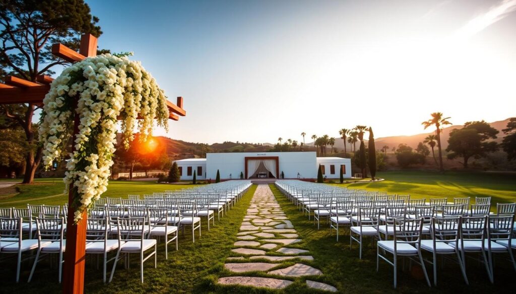 A grand, elegant wedding ceremony set in a lush, verdant outdoor venue. In the foreground, a wooden arch adorned with cascading white flowers, backlit by the warm glow of the afternoon sun. In the middle ground, rows of white chairs line a natural stone pathway, leading towards a large, modern event space, the Sutera Hall, its sleek, minimalist facade complementing the natural surroundings. The background features rolling hills, dotted with towering trees, creating a serene, picturesque atmosphere. Soft, diffused lighting casts a romantic, ethereal ambiance over the scene, inviting the viewer to imagine the perfect outdoor wedding celebration.