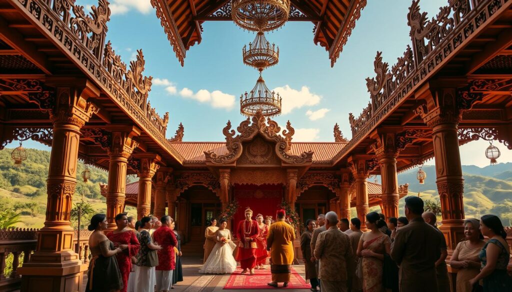 A grand, ornate Minangkabau wedding hall, the "Sutera Hall", with intricately carved wooden pillars and intricate, vibrant textile decorations. The hall is bathed in warm, golden lighting, creating a serene, celebratory atmosphere. In the foreground, a traditional Minangkabau wedding procession is taking place, with the bride and groom adorned in exquisite traditional Minangkabau attire. In the background, lush, verdant hills and a clear, blue sky set the scene. The image conveys the deep cultural significance, grandeur, and timeless beauty of a Minangkabau wedding ceremony.