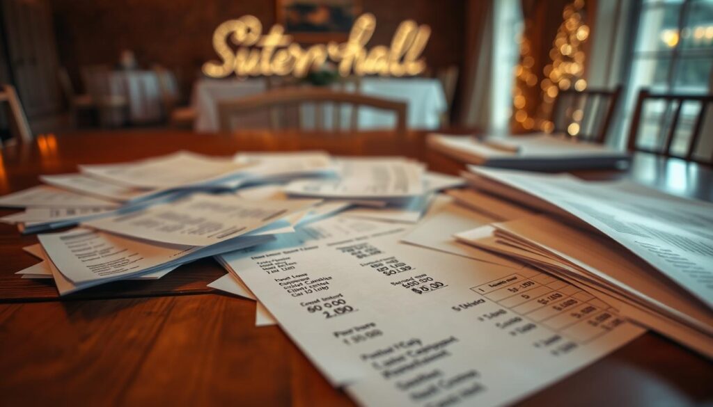 A high-resolution image of a detailed, realistic wedding reception budget breakdown, showcasing the various cost components and their proportions. The scene depicts a wooden table with scattered receipts, invoices, and financial documents, illuminated by soft, warm lighting. In the background, a blurred "Sutera Hall" sign is visible, hinting at the venue. The overall mood is one of thoughtful consideration, with the focus on the careful planning and allocation of wedding reception funds.
