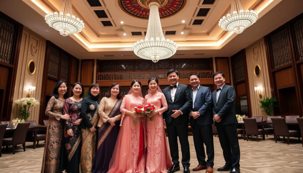 A large, well-lit indoor hall with a warm, inviting atmosphere. In the foreground, a group of elegantly dressed family members pose together, their faces beaming with joy and pride. The middle ground features the newlywed couple, the bride in a stunning traditional Chinese wedding gown, the groom in a sleek tuxedo, standing hand-in-hand and surrounded by their loved ones. The background showcases the grand, ornate interior of Sutera Hall, with its high ceilings, intricate chandeliers, and elegant decor, creating a sense of grandeur and celebration. The lighting is soft and flattering, highlighting the happy expressions and vibrant colors of the traditional Chinese attire.