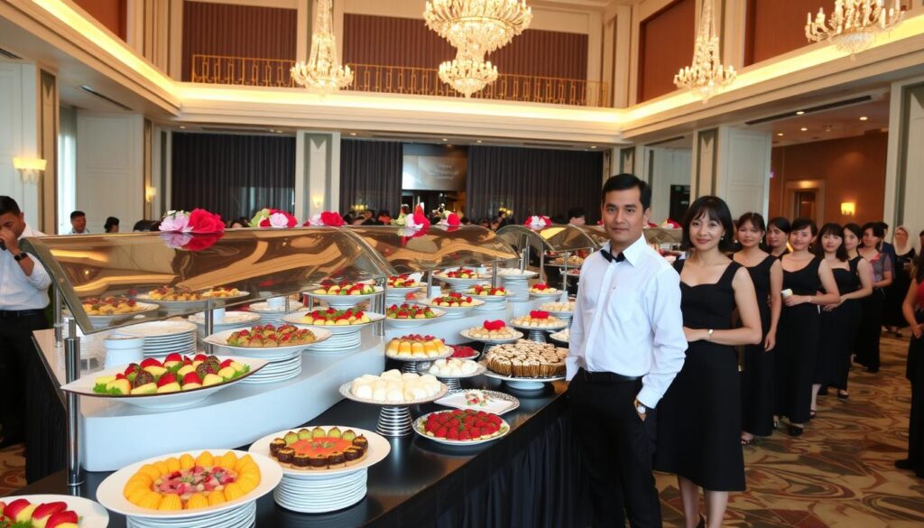 A lavish catering display at the prestigious Sutera Hall in Tangerang. A variety of exquisite dishes adorns the buffet table, each meticulously presented with vibrant colors and intricate garnishes. In the foreground, a team of attentive servers stand ready to assist guests, dressed in crisp uniforms. The middle ground showcases an array of tempting desserts, from delicate pastries to decadent cakes. The background features the elegant interior of Sutera Hall, with its high ceilings, chandeliers, and warm lighting, creating a sophisticated and inviting atmosphere. The overall scene conveys a sense of quality, attention to detail, and exceptional catering service, perfectly suited for a grand wedding celebration. A lavish catering display at the prestigious Sutera Hall in Tangerang. A variety of exquisite dishes adorns the buffet table, each meticulously presented with vibrant colors and intricate garnishes. In the foreground, a team of attentive servers stand ready to assist guests, dressed in crisp uniforms. The middle ground showcases an array of tempting desserts, from delicate pastries to decadent cakes. The background features the elegant interior of Sutera Hall, with its high ceilings, chandeliers, and warm lighting, creating a sophisticated and inviting atmosphere. The overall scene conveys a sense of quality, attention to detail, and exceptional catering service, perfectly suited for a grand wedding celebration.
