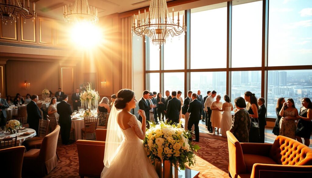A luxurious wedding reception at Sutera Hall, bathed in warm, golden light filtering through large windows. In the foreground, a couple gazes lovingly at each other, surrounded by the elegant decor of the grand ballroom - intricate chandeliers, plush velvet furnishings, and a stunning floral arrangement centerpiece. The middle ground captures guests mingling and celebrating, laughter and joy filling the air. The background reveals a picturesque urban skyline, hinting at the perfect blend of modern elegance and timeless romance. The atmosphere exudes a sense of deep blessing and unbridled happiness, reflecting the "rencana momen penuh berkah" (moments filled with divine blessings) celebrated at Sutera Hall.