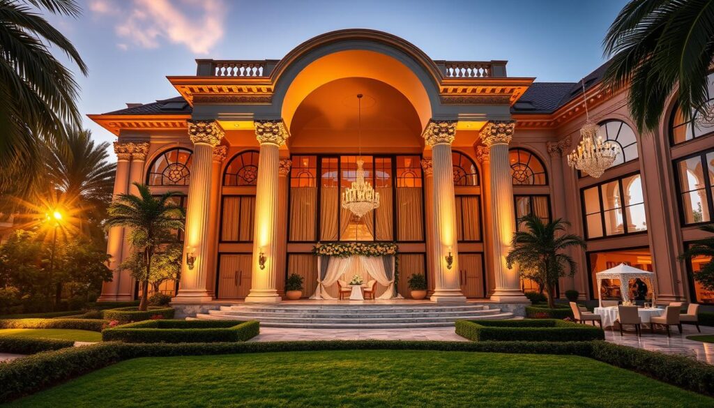 A luxurious wedding venue at Sutera Hall, with a grand, palatial exterior featuring ornate columns and elegant archways. Lush, manicured gardens surround the building, creating a serene and picturesque setting. Warm, golden lighting bathes the scene, casting a soft, romantic glow. Large windows allow natural light to flood the interior, illuminating the opulent furnishings and intricate decor. Polished marble floors, sparkling chandeliers, and plush fabrics exude an air of refined sophistication. Guests are welcomed into a grand, airy ballroom, perfect for hosting an unforgettable wedding reception.