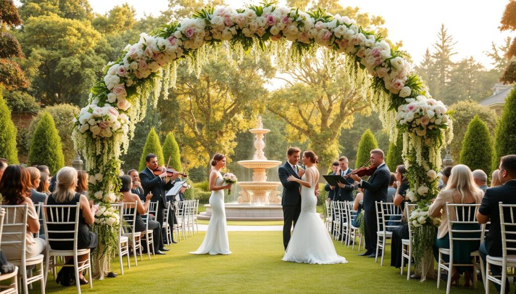 A picturesque outdoor wedding at the lush, verdant grounds of Sutera Hall. A romantic archway adorned with cascading floral arrangements frames the scene, casting a warm, golden glow. Elegant couples sway gracefully to the music of a string quartet, surrounded by rows of white chairs and a backdrop of towering trees. In the distance, a grand, ornate fountain adds a serene, tranquil ambiance. Soft, diffused lighting creates a dreamlike atmosphere, highlighting the joyous celebration and the couple's radiant smiles. This idyllic setting captures the essence of a trendsetters' wedding, showcasing the importance of meticulous planning and execution for a truly unforgettable event.