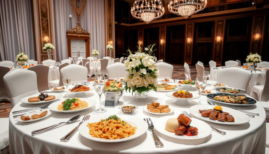 A sophisticated wedding menu presented on a elegant table setting, with a refined mix of traditional Indonesian, Asian, and Western cuisines. Crisp white linen, gleaming silver cutlery, and delicate floral centerpieces create an inviting ambiance. Plates feature an array of colorful, artfully-plated dishes - from fragrant nasi goreng, to succulent beef rendang, to delicate pastries. The background showcases the grand, ornate interiors of the Sutera Hall, Tangerang, setting the scene for a lavish, memorable wedding celebration. A sophisticated wedding menu presented on a elegant table setting, with a refined mix of traditional Indonesian, Asian, and Western cuisines. Crisp white linen, gleaming silver cutlery, and delicate floral centerpieces create an inviting ambiance. Plates feature an array of colorful, artfully-plated dishes - from fragrant nasi goreng, to succulent beef rendang, to delicate pastries. The background showcases the grand, ornate interiors of the Sutera Hall, Tangerang, setting the scene for a lavish, memorable wedding celebration.