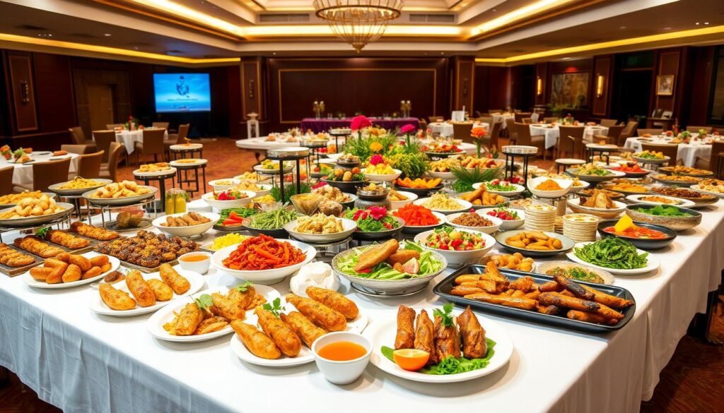 A sumptuous Prasmanan spread with a captivating variety of dishes, meticulously arranged on a long table with a crisp white tablecloth. The foreground showcases an enticing array of savory entrees, each portion elegantly presented. In the middle ground, an abundance of vibrant salads, colorful vegetables, and tempting side dishes create a visually stunning display. The background features the elegant ambiance of the Sutera Hall, with its sophisticated decor and warm lighting, setting the scene for a memorable catering experience. The overall composition conveys a sense of abundance, quality, and attention to detail, perfectly capturing the essence of the "Prasmanan yang Bikin Tamu Bahagia" section. A sumptuous Prasmanan spread with a captivating variety of dishes, meticulously arranged on a long table with a crisp white tablecloth. The foreground showcases an enticing array of savory entrees, each portion elegantly presented. In the middle ground, an abundance of vibrant salads, colorful vegetables, and tempting side dishes create a visually stunning display. The background features the elegant ambiance of the Sutera Hall, with its sophisticated decor and warm lighting, setting the scene for a memorable catering experience. The overall composition conveys a sense of abundance, quality, and attention to detail, perfectly capturing the essence of the "Prasmanan yang Bikin Tamu Bahagia" section.