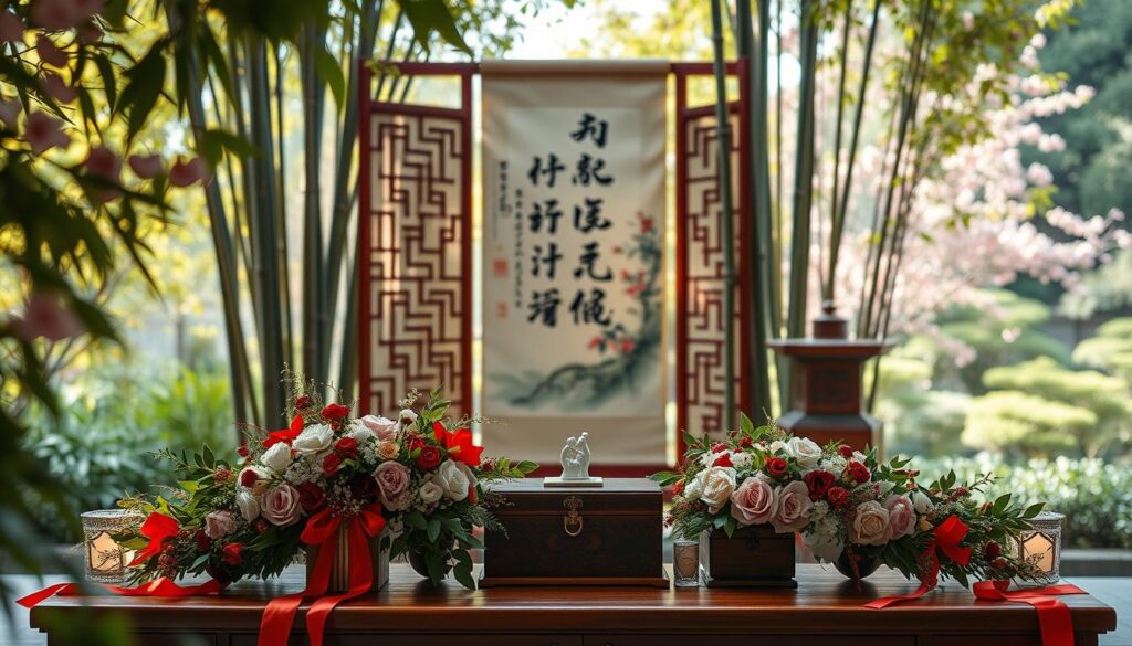 A traditional Chinese wedding arrangement in a lush, natural setting. In the foreground, intricate floral garlands, red silk ribbons, and delicate porcelain figurines adorn a wooden table. Soft, warm lighting filters through the foliage, creating a serene, intimate atmosphere. In the middle ground, a graceful calligraphy scroll with elegant brushstrokes hangs on a traditional Chinese screen, complemented by the rich textures of brocade fabrics and lacquered boxes. The background features a tranquil garden scene, with towering bamboo stands and blooming cherry blossoms, evoking the timeless elegance of the "Sutera Hall" venue.