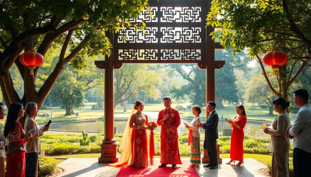 A traditional Chinese wedding ceremony in the lush, tranquil gardens of Sutera Hall. A serene, sun-dappled scene with the bride and groom adorned in ornate, vibrant traditional attire. They stand beneath a grand, intricately carved wooden arch, surrounded by a procession of family and friends bearing symbolic offerings. In the background, a verdant landscape with towering trees and a glimmering pond, creating a serene, contemplative atmosphere. Soft, warm lighting illuminates the joyous occasion, capturing the deep significance and timeless elegance of this revered cultural tradition.