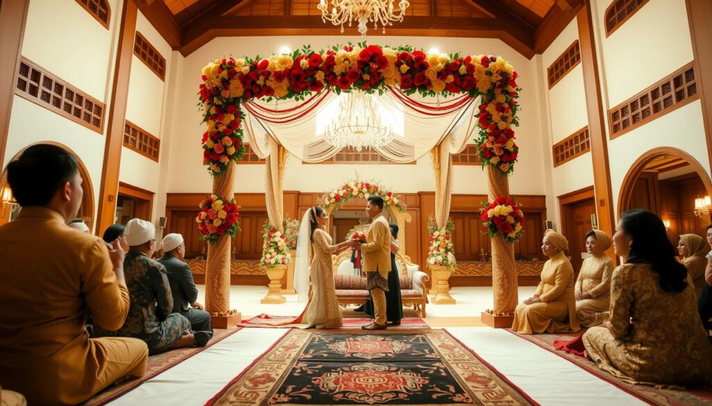 A traditional Minangkabau wedding ceremony set against the elegant backdrop of Sutera Hall. In the foreground, the bride and groom, resplendent in intricate gold-threaded Kebaya and Songket attire, exchange vows under a canopy of vibrant red, gold, and green floral decorations. The middle ground features guests in traditional Padang dress, seated on ornate rugs, observing the ceremony with reverence. In the background, the grand architecture of Sutera Hall, with its soaring ceilings, arched windows, and rich wooden accents, creates a regal and timeless atmosphere. Warm, diffused lighting casts a soft, golden glow over the entire scene, evoking the timeless elegance of Minangkabau culture.