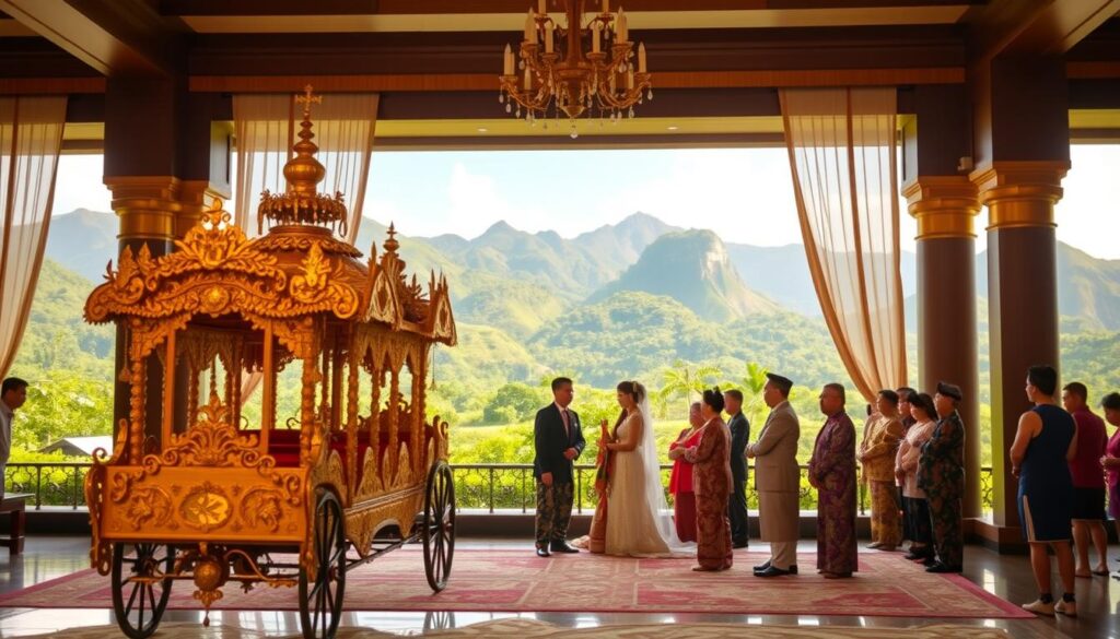 A traditional Minangkabau wedding ceremony set in the grand, opulent Sutera Hall. In the foreground, an intricate, golden-hued wedding palanquin carried by elaborately dressed attendants. The middle ground showcases the bride and groom, adorned in vibrant, brocaded traditional attire, surrounded by elders performing customary rituals. The background features a lush, verdant landscape with towering, majestic mountains, evoking the natural beauty of Padang. Warm, golden lighting casts a serene, reverent atmosphere, accentuating the cultural significance of this auspicious occasion.