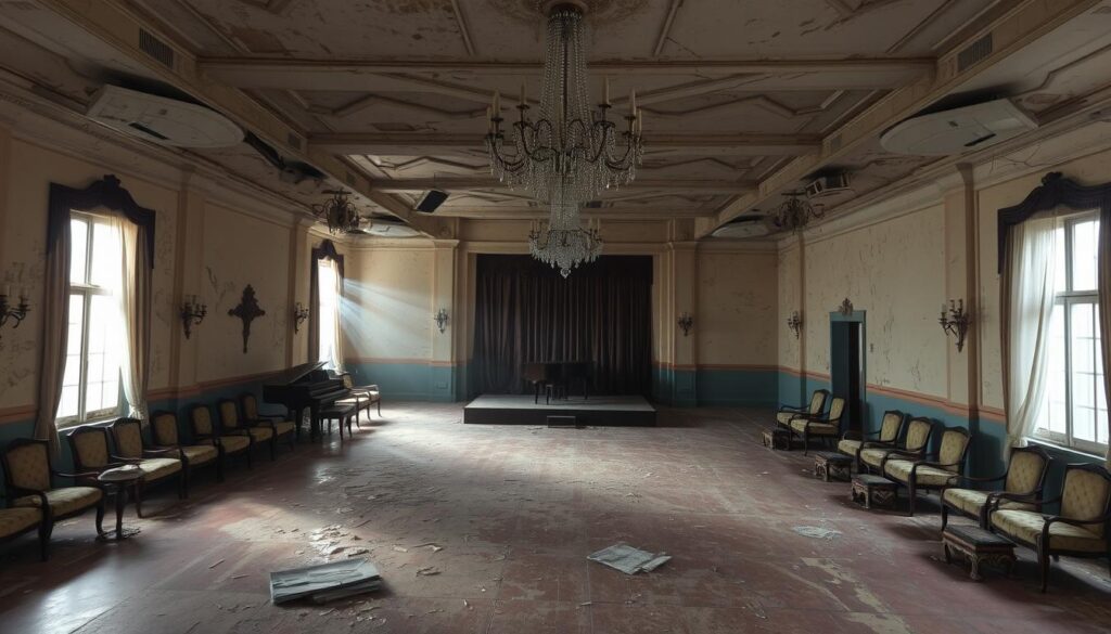 A weathered and dilapidated wedding reception venue, once grand but now fallen into disrepair. Peeling paint, crumbling plaster, and dusty furnishings create an air of melancholy. Dim, filtered light filters through grimy windows, casting long shadows across the empty dance floor. Shattered chandeliers hang precariously overhead, their once-elegant crystals now dull and lifeless. In the distance, the faint sound of a piano plays a somber tune, a haunting reminder of the joyous celebrations that once filled this space. This is the "rundown resepsi pernikahan" at the once-prestigious Sutera Hall, a stark contrast to the lavish dreams it once embodied.
