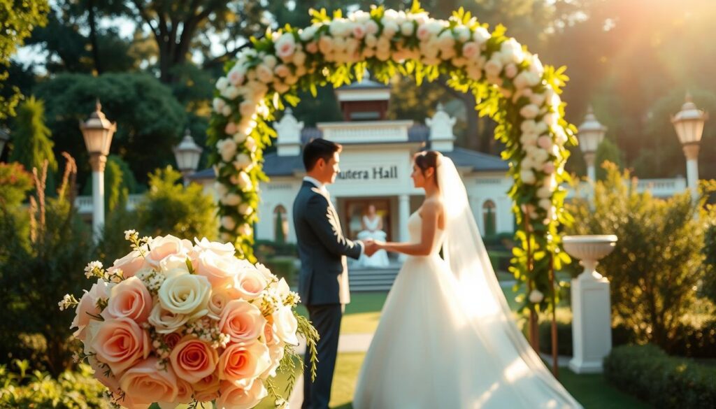 Elegant wedding celebration in a serene garden setting. A beautiful bride and groom exchange vows under a floral arch, surrounded by lush greenery and warm sunlight. Soft, romantic lighting creates a dreamy, intimate atmosphere. In the foreground, a bouquet of delicate flowers symbolizes the purity and joy of the occasion. In the background, the Sutera Hall venue stands as a stately, timeless backdrop, reflecting the grandeur and significance of the day. The scene conveys a sense of deep connection, reverence, and the promise of a cherished, lifelong partnership.