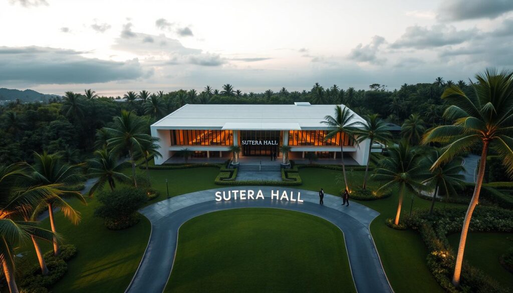 A bird's eye view of Sutera Hall, a modern event venue set against a lush, tropical landscape. The building is a sleek, minimalist structure with clean lines and large glass windows that reflect the surrounding greenery. The spacious grounds are dotted with swaying palm trees and lush, well-manicured gardens. In the foreground, a paved driveway leads to the main entrance, where visitors can see the Sutera Hall signage prominently displayed. The scene is illuminated by warm, diffused lighting, creating a welcoming and serene atmosphere. The overall composition conveys a sense of tranquility and elegance, perfectly capturing the essence of this prestigious event destination.