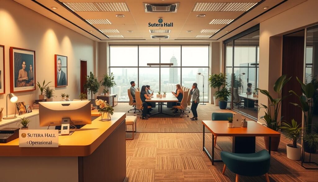 A bright and modern office interior, featuring the Sutera Hall brand. In the foreground, a receptionist's desk with a sleek computer setup and a "Kontak" nameplate. Behind it, several employees engaged in lively discussion, surrounded by tasteful decor and potted plants. The middle ground showcases a large, well-lit conference room with a long table and ergonomic chairs, ideal for "Operasional" meetings. In the background, floor-to-ceiling windows offer a scenic view of the surrounding urban landscape, setting the stage for "Cara Reservasi" conversations. Warm, natural lighting illuminates the space, creating a welcoming and professional atmosphere.