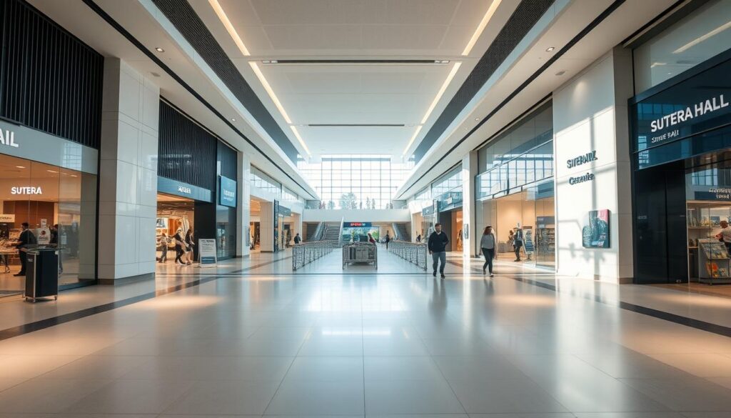 A bright, well-lit interior of the Sutera Hall shopping mall, showcasing the easy access and navigation within the space. The foreground features a wide, open walkway with sleek, modern flooring and minimal decor, inviting visitors to explore. The middle ground captures a clean, uncluttered layout with clear signage and wayfinding elements, guiding people effortlessly through the mall. In the background, high ceilings, large windows, and a harmonious color palette create a sense of spaciousness and accessibility. Subtle lighting accentuates the open, airy atmosphere, conveying the convenience and ease of movement throughout the Sutera Hall.
