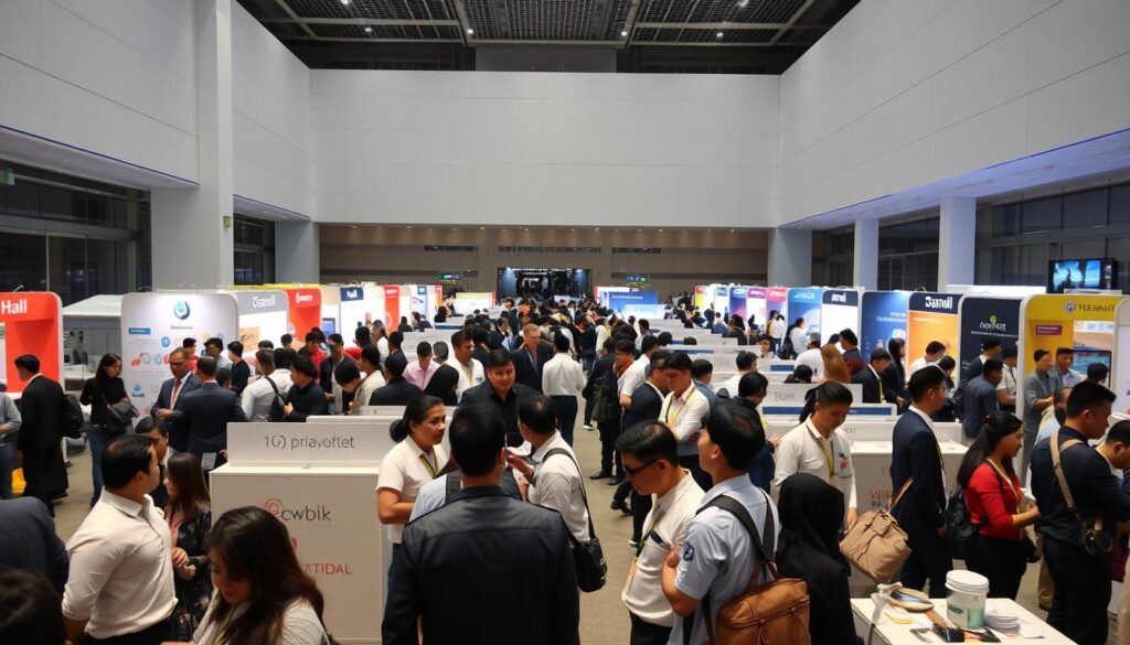 A bustling job fair set in the heart of Tangerang, with the modern and spacious Sutera Hall as the backdrop. The foreground features a diverse array of job seekers, dressed professionally, engaged in animated discussions with company representatives. In the middle ground, neatly arranged booths showcase the logos and branding of participating organizations, while the background depicts a well-lit, airy interior with clean lines and contemporary furnishings. The scene conveys a sense of opportunity, connection, and the vibrant energy of a thriving employment hub.