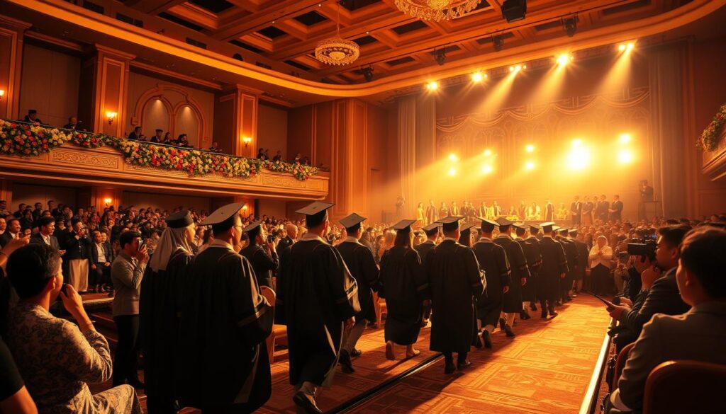 A grand and stately graduation ceremony in the elegant Sutera Hall, Tangerang. The graduates, resplendent in flowing robes and mortarboards, stride across the stage under the warm glow of spotlights. Rows of proud family members and friends fill the opulent auditorium, capturing the joyous moment with their cameras. The stage is adorned with lush floral arrangements and the Sutera Hall's distinctive architectural features, creating an atmosphere of prestige and accomplishment. Warm, golden lighting bathes the scene, emphasizing the gravity and significance of this milestone event. The composition is balanced, with the graduates in the foreground, the audience in the middle ground, and the grand, ornate venue in the background, all working together to convey the unique ambiance of a Sutera Hall graduation.