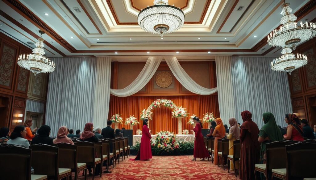 A grand ballroom with elegant mahogany furnishings and intricate chandelier lighting. Two distinct seating areas separated by a sheer, flowing partition, creating a sense of division between male and female guests. Opulent floral arrangements adorn the center stage, exuding an air of reverence. The female guests, dressed in vibrant, modest attire, engage in lively conversation amidst the serene atmosphere of the "Sutera Hall" wedding venue. A grand ballroom with elegant mahogany furnishings and intricate chandelier lighting. Two distinct seating areas separated by a sheer, flowing partition, creating a sense of division between male and female guests. Opulent floral arrangements adorn the center stage, exuding an air of reverence. The female guests, dressed in vibrant, modest attire, engage in lively conversation amidst the serene atmosphere of the "Sutera Hall" wedding venue.