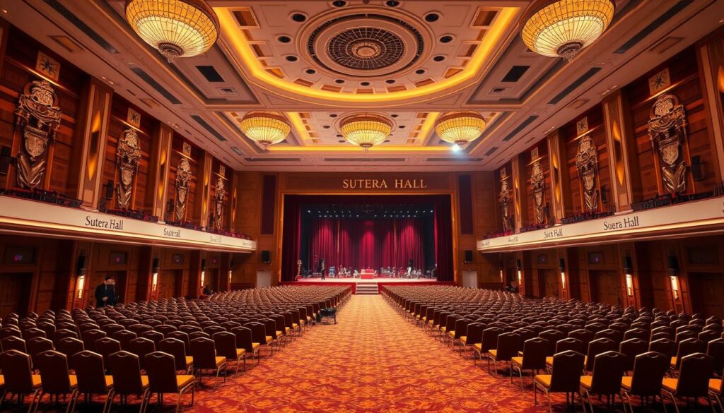 A grand event space with the "Sutera Hall" brand, its lavish interior illuminated by warm, ambient lighting. An elegant foyer leads to a spacious main hall, filled with rows of comfortable chairs and a vast stage. High ceilings and intricate architectural details create a sense of grandeur. In the background, a team of attentive staff ensure every aspect of the event runs smoothly. The overall atmosphere conveys a sense of sophistication and professionalism, perfectly suited for a wide range of corporate or social gatherings.