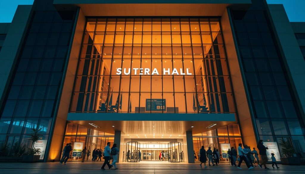 A grand, modern building with a sleek, glass facade stands prominently at the entrance of the Alam Sutera Mall. This is the Sutera Hall, a spacious and well-appointed event venue that serves as a strategic location for job fairs and meetings between job seekers and companies. The hall is bathed in warm, natural lighting, creating a welcoming atmosphere. The exterior is captured from a low angle, emphasizing the building's stately presence and impressive scale. In the foreground, people can be seen entering and exiting the hall, suggesting the vibrant activity and connectivity it facilitates between employers and potential employees.