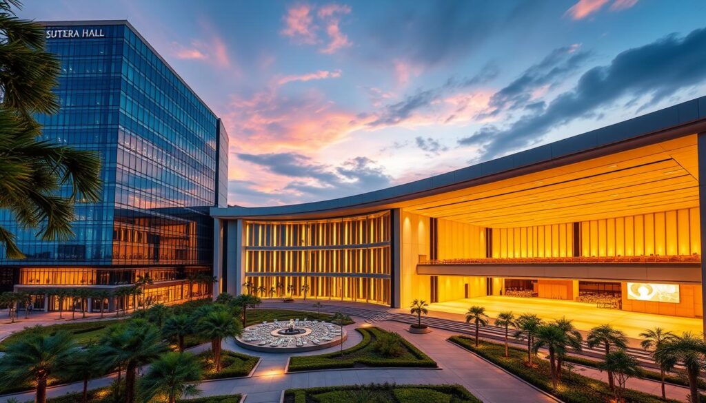 A grand, modern event venue standing tall in the heart of Tangerang. Sutera Hall, an expansive architectural marvel, its sleek glass facade reflecting the vibrant cityscape. Elegant interiors bathed in warm, ambient lighting, offering a versatile canvas for events of all scales. Spacious, well-appointed halls with high ceilings, seamlessly blending function and aesthetic. Surrounding the venue, lush greenery and tranquil landscaping, creating a serene oasis amidst the urban bustle. A premier destination for conferences, galas, and celebrations, Sutera Hall promises an unforgettable experience for all who enter its doors.