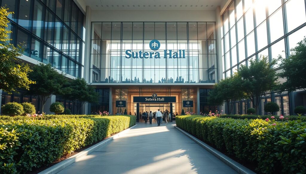 A grand, modern venue with sleek, glass-paneled architecture set against a backdrop of lush, verdant gardens. The "Sutera Hall" logo prominently displayed on the facade, reflecting the brand's signature style. Sunlight streams in through large windows, casting a warm, inviting glow throughout the spacious lobby. Elegant, minimalist decor and clean lines convey a sense of sophistication. People can be seen entering and exiting the building, suggesting a vibrant, active space. A winding pathway leads visitors towards the main entrance, framed by neatly trimmed hedges and blooming flowers. The overall scene evokes a sense of accessibility, modernity, and professionalism - an ideal venue for the "Venue Kompetisi E-sports" event.