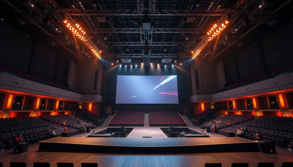 A grand stage in the heart of Sutera Hall, a state-of-the-art e-sports venue. Towering lighting rigs cast a warm glow across the wide, sleek platform, perfectly suited for intense competitive gaming. In the foreground, a large, curved screen dominates the scene, ready to display the action with stunning clarity. The middle ground features comfortable seating for spectators, arranged in tiers to ensure an unobstructed view of the competition. The background showcases the modern, minimalist architecture of Sutera Hall, with clean lines and a touch of industrial chic. Atmospheric lighting and a sense of anticipation pervade the space, creating the ideal setting for thrilling e-sports tournaments and events.