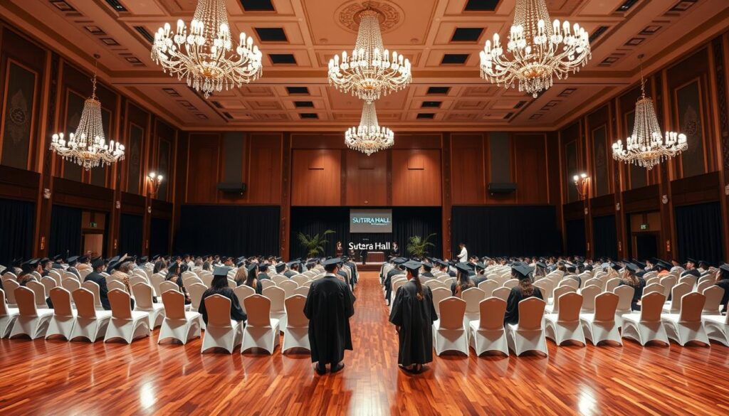 A large, elegant ballroom with gleaming hardwood floors and high ceilings. Ornate chandeliers cast a warm, ambient light, illuminating rows of white chairs set up in an orderly fashion. In the center, a spacious stage with a backdrop featuring the "Sutera Hall" brand. The atmosphere is one of anticipation and celebration, as graduates in flowing robes and mortarboards await their moment to walk across the stage. The camera captures this scene from a slightly elevated angle, providing a comprehensive view of the well-appointed graduation ceremony venue.