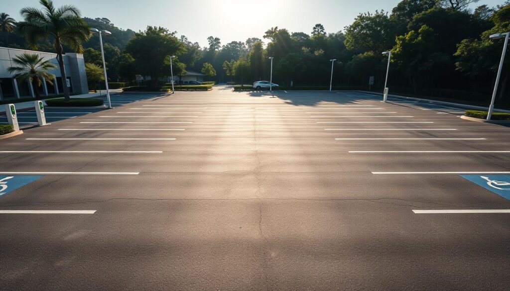 A large, modern parking lot with well-marked spaces and ample signage, surrounded by lush greenery and the Sutera Hall venue. The asphalt is clean and neatly lined, with electric vehicle charging stations and designated handicap spots. Bright sunlight casts long shadows, creating a sense of depth and clarity. Sleek, contemporary light poles illuminate the area, while a gentle breeze rustles the trees in the background. The overall atmosphere is one of accessibility, organization, and environmental consciousness, reflecting the high-quality facilities of the Sutera Hall venue.