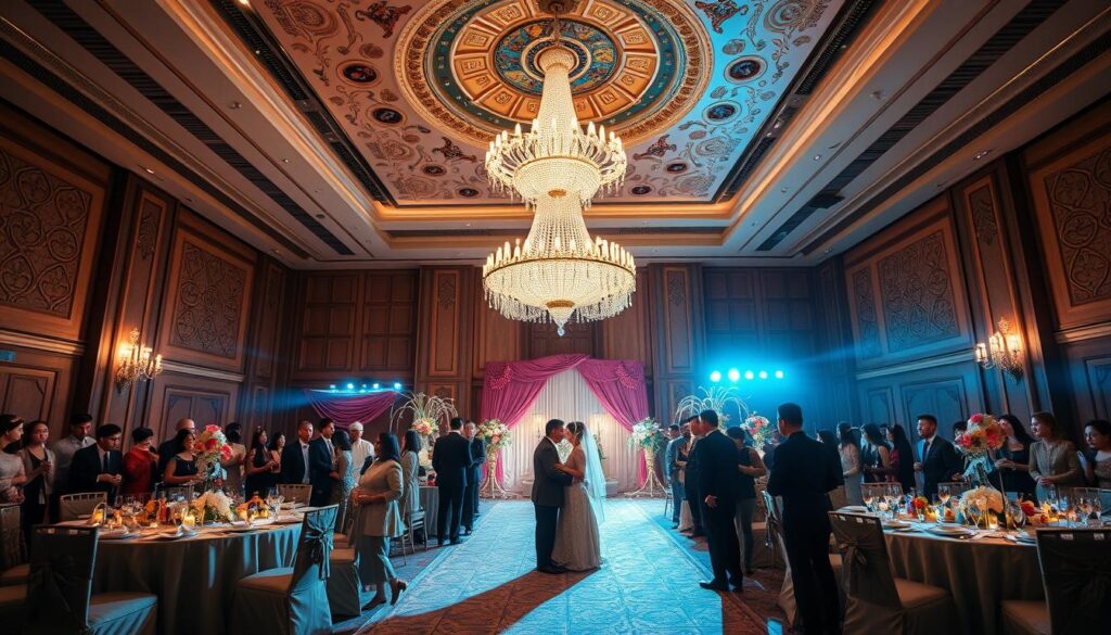 A lavish wedding ceremony takes place at Sutera Hall, a prestigious event venue in Tangerang. The grand ballroom features a majestic chandelier casting a warm glow over the ornate decor. An elegant "acara" or celebration is in full swing, with guests dressed in their finest traditional attire. Intricate floral arrangements adorn the tables, complementing the venue's luxurious ambiance. Servers move gracefully through the space, offering exquisite catering options. The scene conveys a sense of reverence and joyous festivities, capturing the sacred moment of this momentous occasion at the esteemed Sutera Hall.