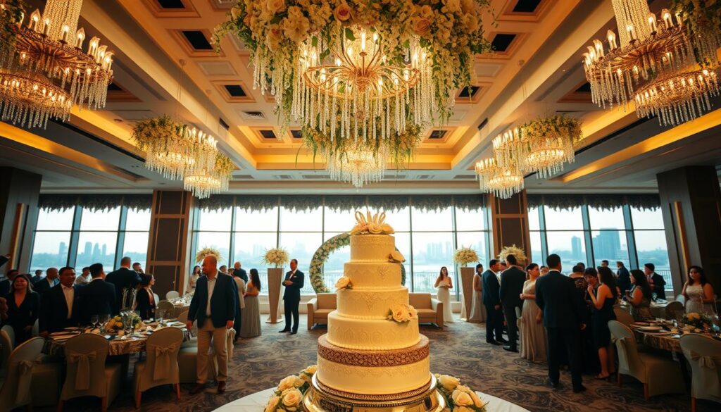A lavish wedding reception at the prestigious Sutera Hall venue in Tangerang. The grand ballroom is elegantly decorated with ornate chandeliers, cascading floral arrangements, and plush seating. Soft lighting casts a warm, romantic glow over the space, as guests in formal attire mingle and dance. In the foreground, a beautifully presented wedding cake takes center stage, its intricate design and towering tiers the centerpiece of the celebration. In the background, floor-to-ceiling windows offer a glimpse of the bustling city skyline, creating a captivating contrast between the intimate gathering and the vibrant urban landscape. A lavish wedding reception at the prestigious Sutera Hall venue in Tangerang. The grand ballroom is elegantly decorated with ornate chandeliers, cascading floral arrangements, and plush seating. Soft lighting casts a warm, romantic glow over the space, as guests in formal attire mingle and dance. In the foreground, a beautifully presented wedding cake takes center stage, its intricate design and towering tiers the centerpiece of the celebration. In the background, floor-to-ceiling windows offer a glimpse of the bustling city skyline, creating a captivating contrast between the intimate gathering and the vibrant urban landscape.