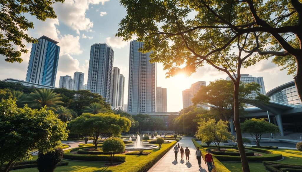 A lush, verdant landscape of Alam Sutera, a thriving residential and commercial development in the heart of Jakarta. Towering skyscrapers and modern, well-designed buildings rise amidst a tapestry of lush greenery, manicured gardens, and serene water features. Sunlight filters through the canopy of trees, casting a warm, golden glow over the scene. In the foreground, the iconic Sutera Hall stands as the centerpiece, its sleek, contemporary architecture blending seamlessly with the surrounding environment. Pedestrians stroll along the well-paved walkways, enjoying the vibrant atmosphere and the convenience of this desirable urban oasis. The overall scene conveys a sense of sophistication, livability, and a harmonious integration of nature and modern development.