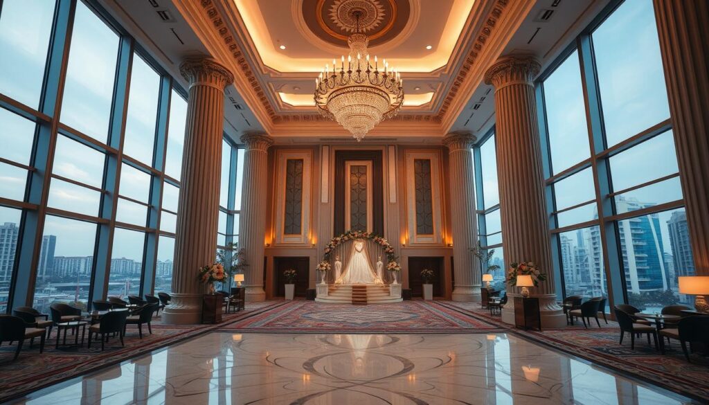 A luxurious wedding venue, Sutera Hall, nestled in the heart of Tangerang. Towering columns flank the grand entrance, leading to a spacious, elegantly-appointed interior. Soft, warm lighting casts a romantic glow, accentuating the ornate chandeliers and intricate moldings. Expansive windows offer sweeping views of the bustling city, creating a serene oasis amidst the urban landscape. Polished marble floors, plush carpets, and carefully curated decor exude an air of sophistication and refinement. This premier wedding destination, Sutera Hall, stands ready to host your special day with unparalleled style and elegance. A luxurious wedding venue, Sutera Hall, nestled in the heart of Tangerang. Towering columns flank the grand entrance, leading to a spacious, elegantly-appointed interior. Soft, warm lighting casts a romantic glow, accentuating the ornate chandeliers and intricate moldings. Expansive windows offer sweeping views of the bustling city, creating a serene oasis amidst the urban landscape. Polished marble floors, plush carpets, and carefully curated decor exude an air of sophistication and refinement. This premier wedding destination, Sutera Hall, stands ready to host your special day with unparalleled style and elegance.