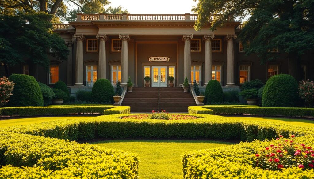 A majestic, classical-style building with towering columns and a grand, sweeping staircase stands proudly in the center of a lush, verdant garden. The "Sutera Hall" signage is prominently displayed, evoking a sense of elegance and sophistication. Warm, golden light filters through the large windows, casting a welcoming glow over the meticulously landscaped grounds. In the foreground, neatly trimmed hedges and vibrant flower beds create a picturesque scene, inviting visitors to step inside and experience the grandeur of this exceptional event venue. The overall atmosphere exudes a refined, celebratory ambiance, perfect for hosting an unforgettable class reunion. A majestic, classical-style building with towering columns and a grand, sweeping staircase stands proudly in the center of a lush, verdant garden. The "Sutera Hall" signage is prominently displayed, evoking a sense of elegance and sophistication. Warm, golden light filters through the large windows, casting a welcoming glow over the meticulously landscaped grounds. In the foreground, neatly trimmed hedges and vibrant flower beds create a picturesque scene, inviting visitors to step inside and experience the grandeur of this exceptional event venue. The overall atmosphere exudes a refined, celebratory ambiance, perfect for hosting an unforgettable class reunion.