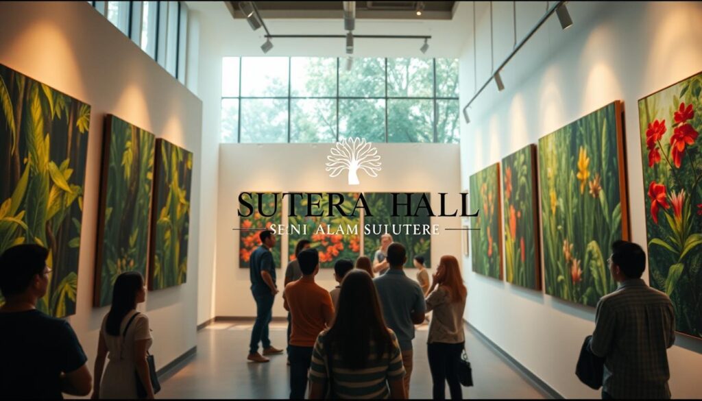 A modern, airy art gallery filled with natural light streaming through large windows. The walls display an array of vibrant, abstract paintings inspired by the lush, verdant foliage of the surrounding Alam Sutera nature preserve. In the foreground, a group of art enthusiasts admire the captivating works, immersed in the serene, contemplative atmosphere. The Sutera Hall logo is prominently featured, signifying this as the venue for the "Pameran Seni Alam Sutera" exhibition. Warm, diffused lighting casts a soft glow over the scene, heightening the sense of tranquility and appreciation for the natural world.