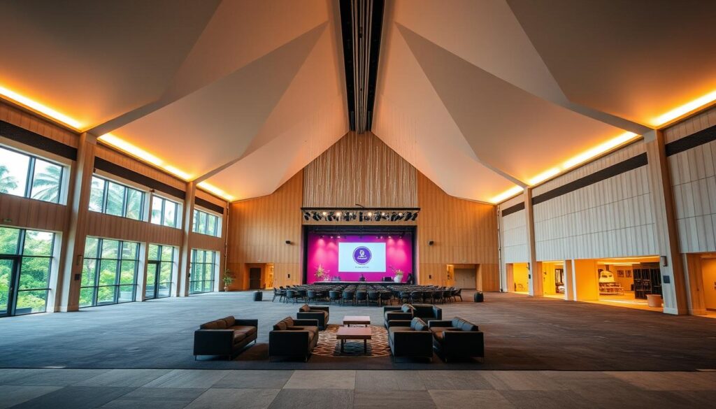 A modern and elegant event venue, Sutera Hall, with a spacious, high-ceilinged interior bathed in warm, ambient lighting. The venue features a sleek, minimalist design with clean lines and large windows offering panoramic views of the lush, verdant surroundings of Mall @ Alam Sutera. The middle ground showcases a cozy lounge area with comfortable seating arrangements, ideal for intimate community gatherings. In the background, the venue's expansive event space is visible, ready to host a wide range of collaborative events and activities. The overall atmosphere exudes a sense of sophistication, inspiration, and community connectivity. A modern and elegant event venue, Sutera Hall, with a spacious, high-ceilinged interior bathed in warm, ambient lighting. The venue features a sleek, minimalist design with clean lines and large windows offering panoramic views of the lush, verdant surroundings of Mall @ Alam Sutera. The middle ground showcases a cozy lounge area with comfortable seating arrangements, ideal for intimate community gatherings. In the background, the venue's expansive event space is visible, ready to host a wide range of collaborative events and activities. The overall atmosphere exudes a sense of sophistication, inspiration, and community connectivity.